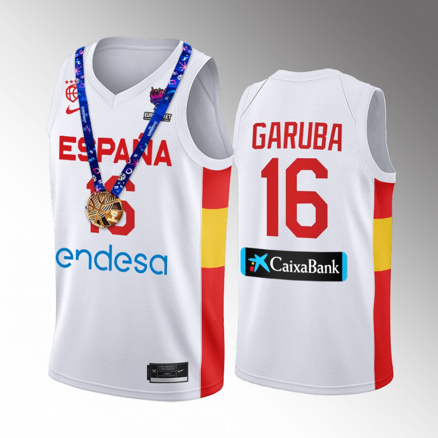 2022 FIBA EuroBasket Champions Spain #16 Usman Garuba Men Jersey White Gold Medal