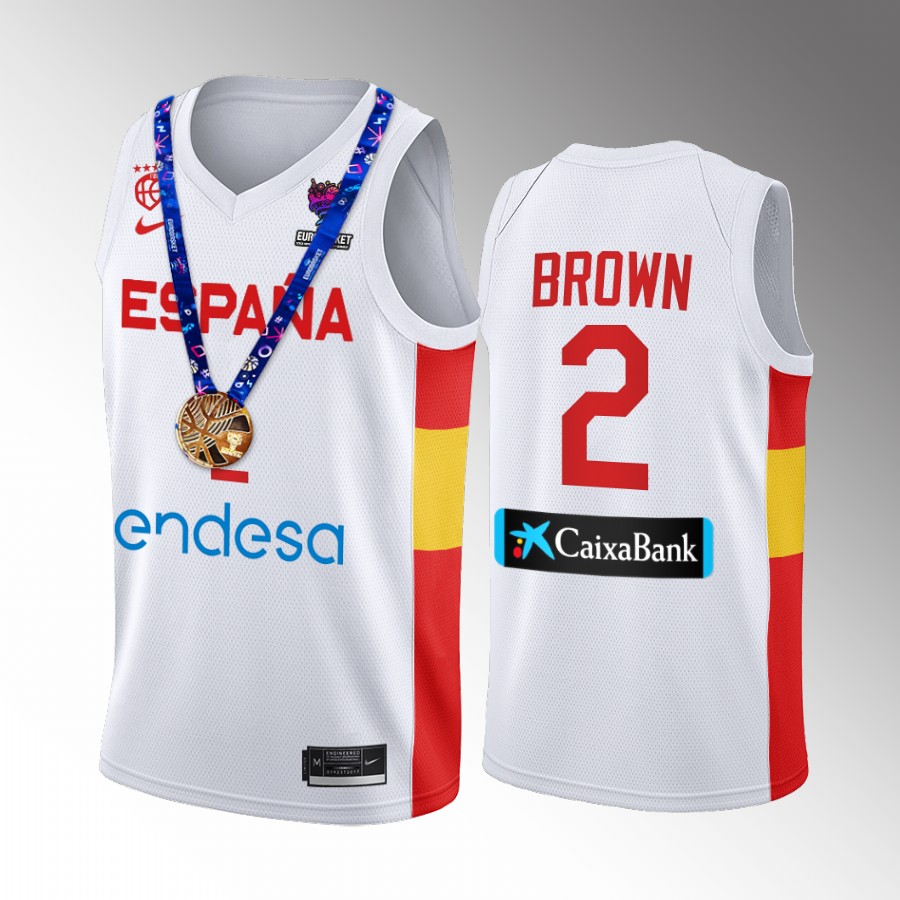 2022 FIBA EuroBasket Champions Spain #2 Lorenzo Brown Men Jersey White Gold Medal