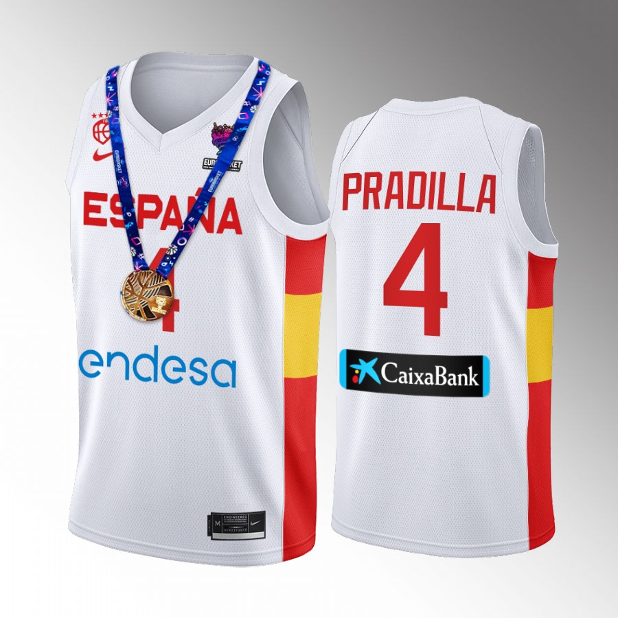 2022 FIBA EuroBasket Champions Spain #4 Jaime Pradilla Men Jersey White Gold Medal