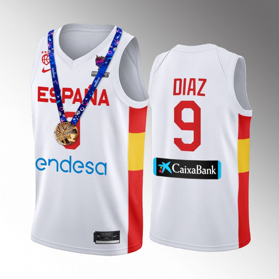 2022 FIBA EuroBasket Champions Spain #9 Alberto Diaz Men Jersey White Gold Medal