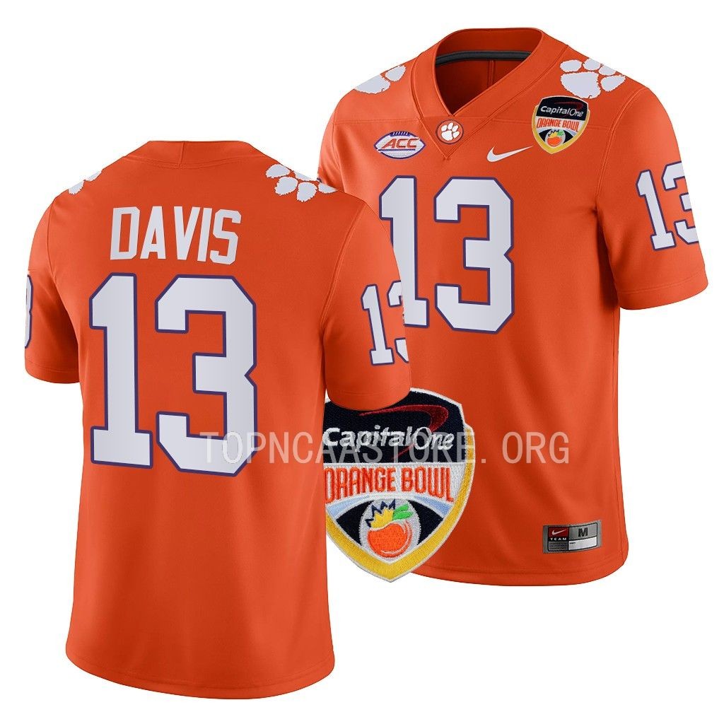 2022 Orange Bowl Tyler Davis Clemson Tigers #13 Orange College Jersey Men's
