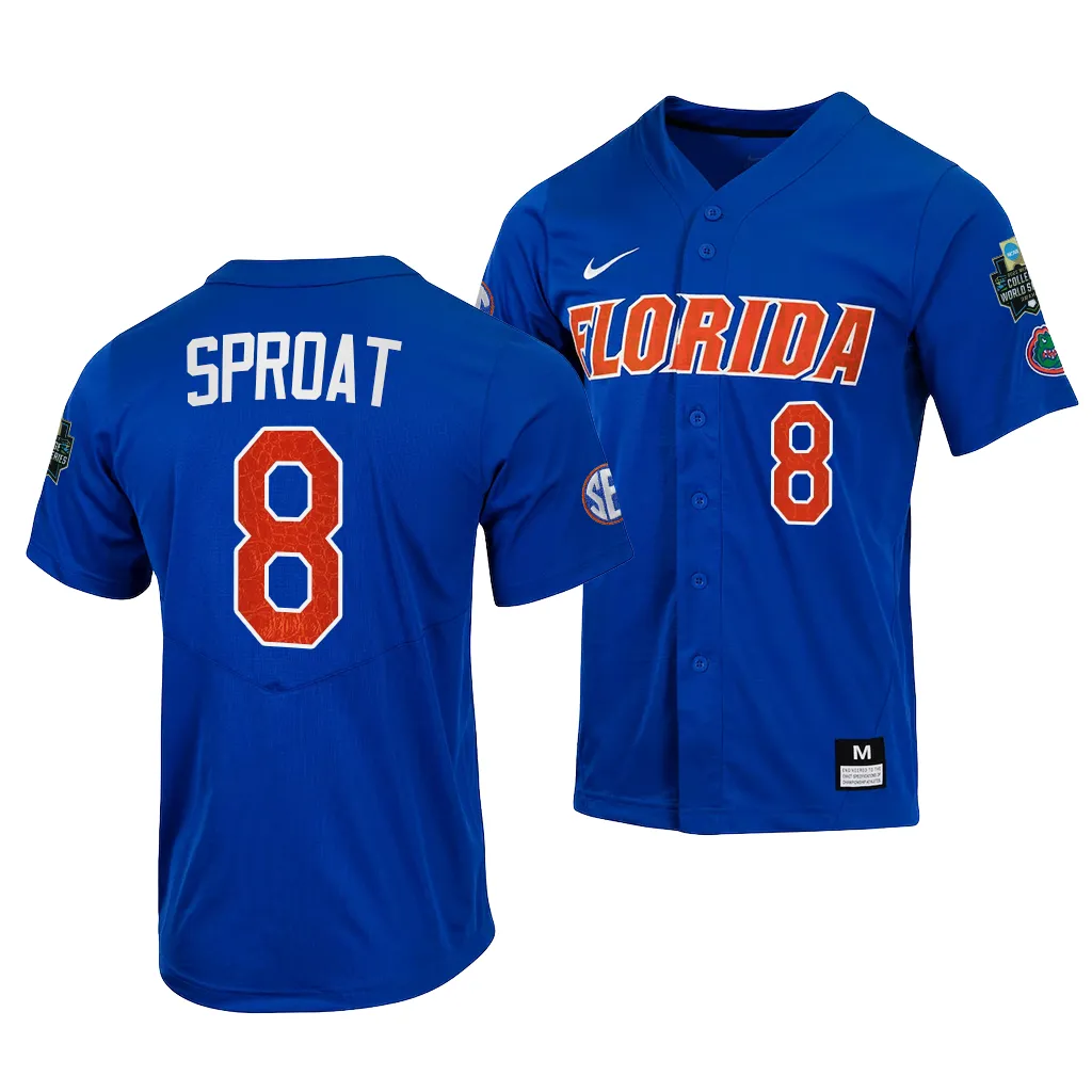 2023 College World Series Brandon Sproat Florida Gators NCAA Royal Jersey Men #8