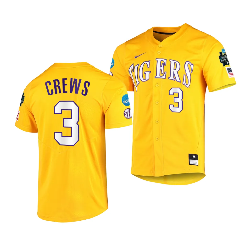 2023 College World Series Dylan Crews LSU Tigers NCAA Gold Jersey Men #3
