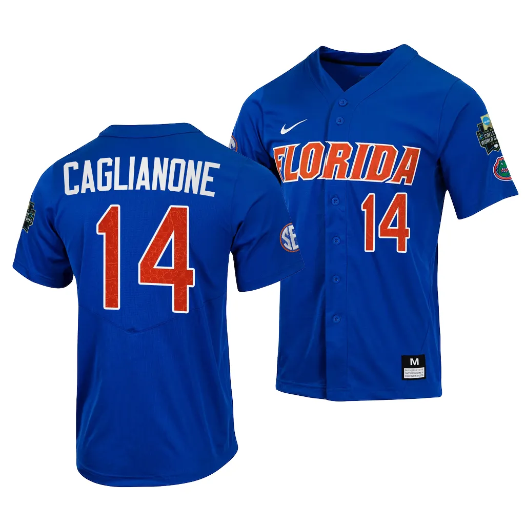 2023 College World Series Jac Caglianone Florida Gators NCAA Royal Jersey Men #14