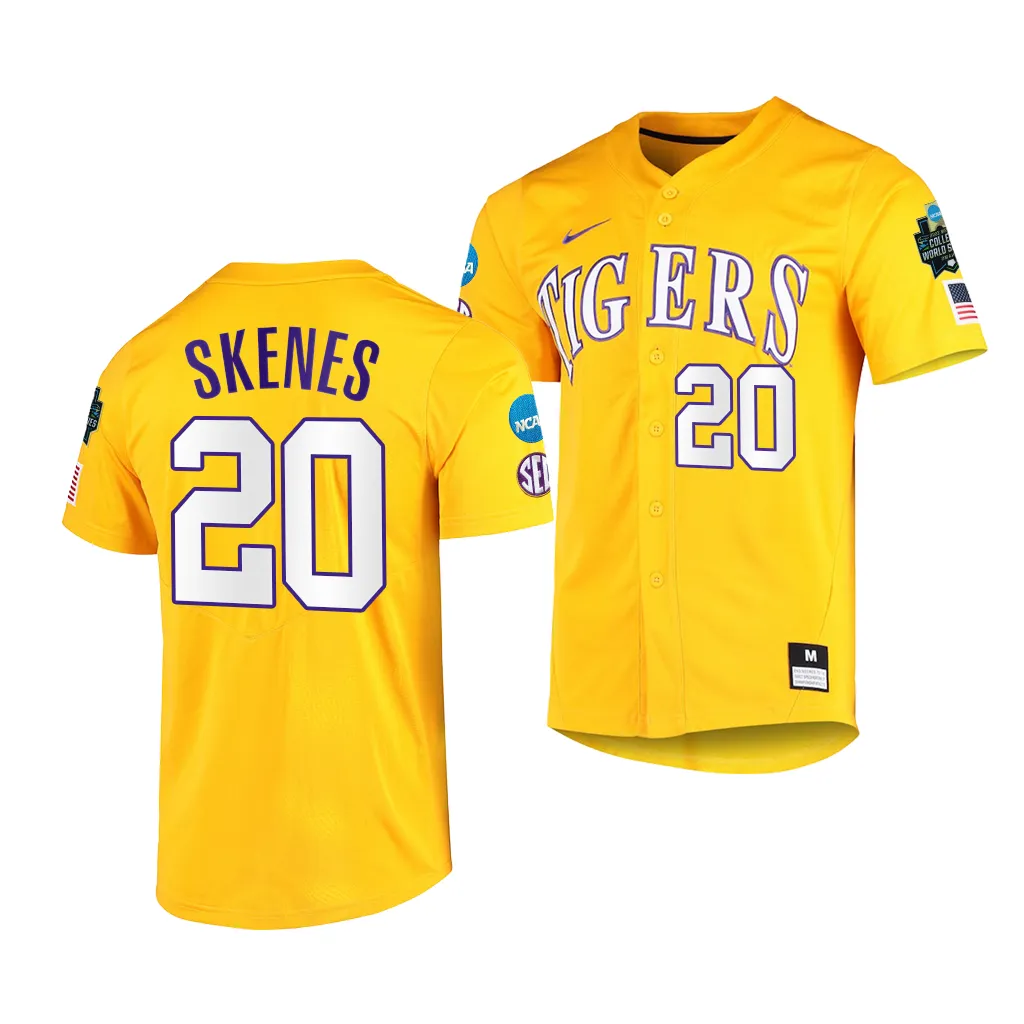 2023 College World Series Paul Skenes LSU Tigers NCAA Gold Jersey Men #20