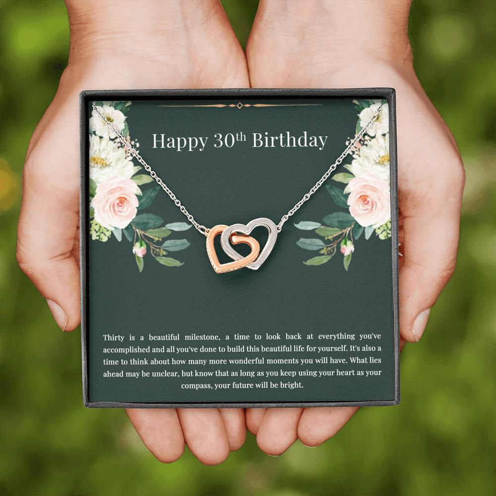 30th Birthday Gifts For Women, Thirty Is A Beautiful Milestone, Interlocking Heart Necklace, Happy Birthday Message Card Jewelry For Daughter