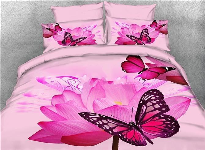 3D Butterfly And Pink Lotus Printed Cotton Luxury 4-Pieces Duvet Cover Bedding Set