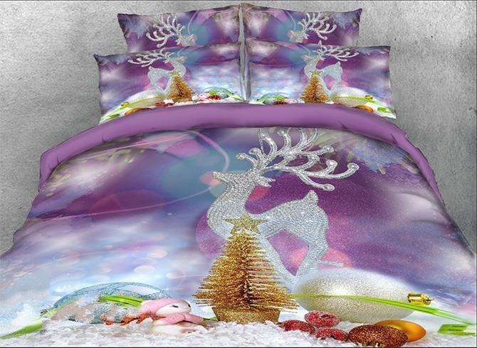 3D Christmas Ornaments And Reindeer Printed Cotton Luxury 4-Pieces Duvet Cover Bedding Set