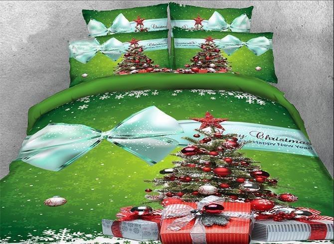 3D Christmas Tree And Bowknot Printed Luxury 4-Piece Greens Duvet Cover Bedding Set