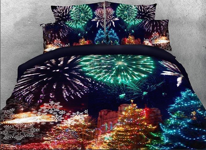 3D Christmas Trees And Fireworks Printed Cotton Luxury 4-Pieces Duvet Cover Bedding Set