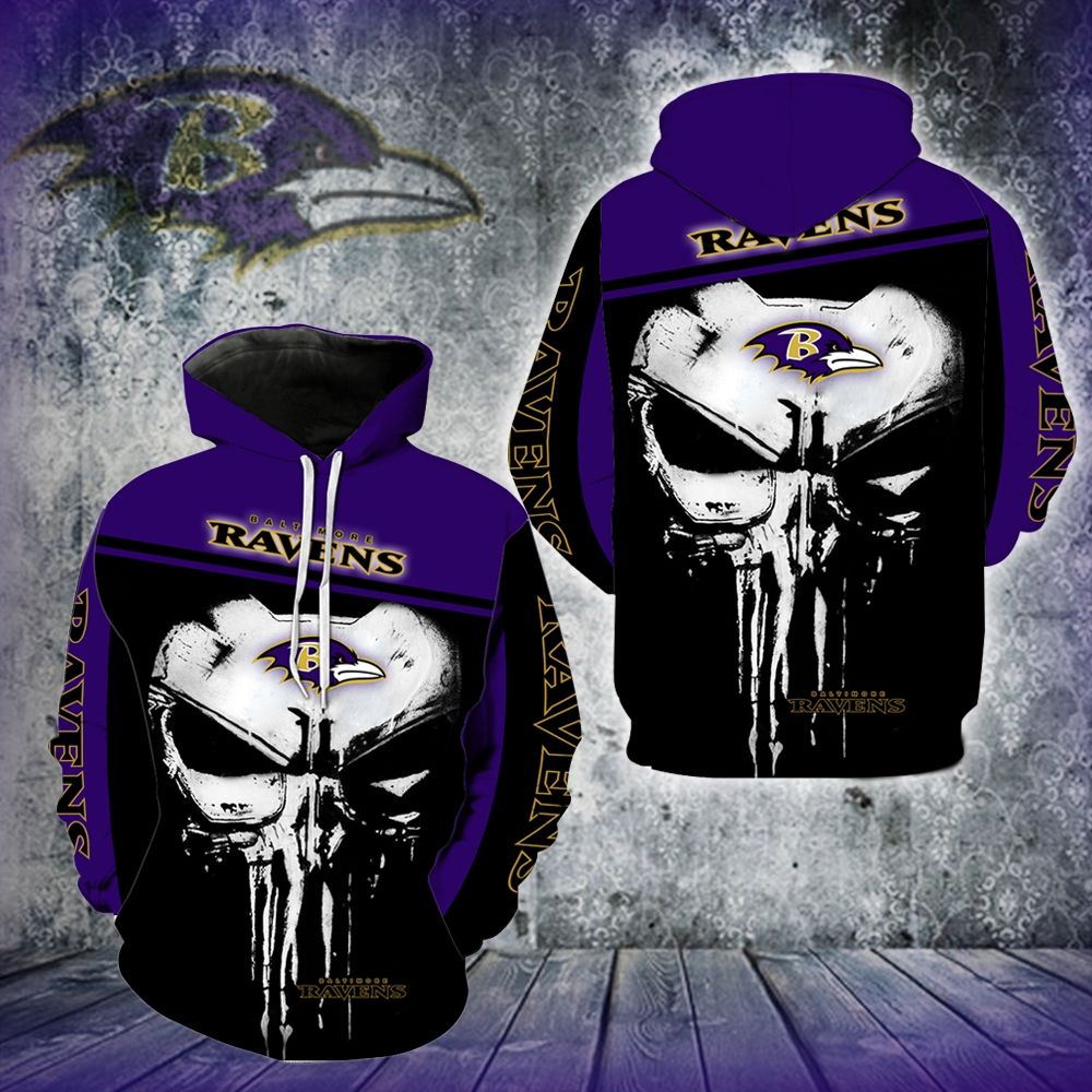 3D DIGITAL PRINT SPORTS PULLOVER HOODIES PUNISHER BALTIMORE RAVENS