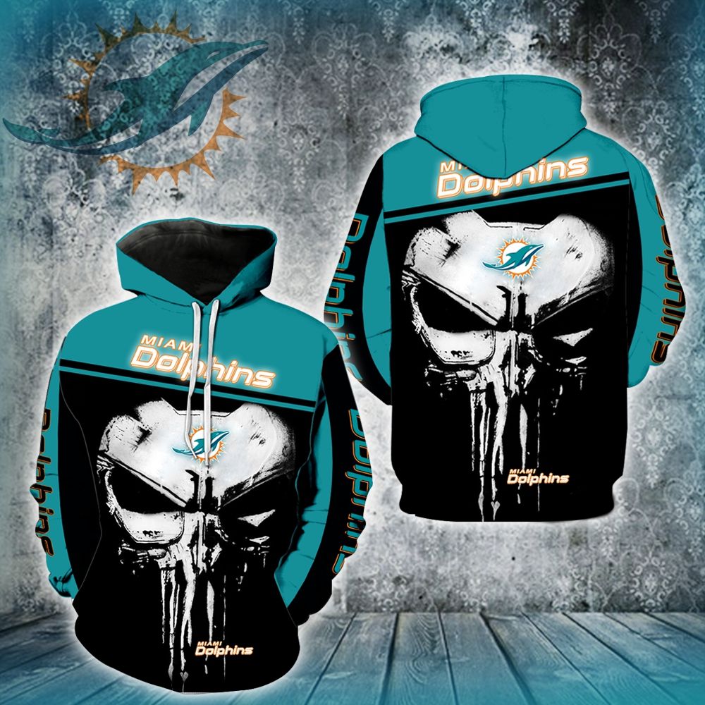 3D DIGITAL PRINT SPORTS PULLOVER HOODIES PUNISHER MIAMI DOLPHINS
