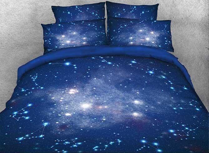 3D Galaxy And Constellation Printed Cotton Luxury 4-Piece Blues Duvet Cover Bedding Set