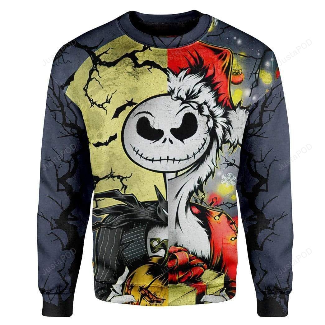 3D Jack Skellington Halloween And Grinch Christmas Sweater