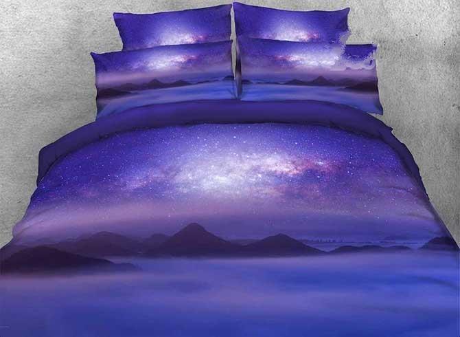 3D Mountain Under Galaxy Printed Cotton Luxury 4-Piece Purples Duvet Cover Bedding Set