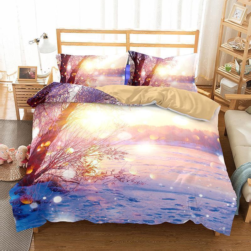 3D Natural Scenery Snow Scene Blanket Pink Duvet Cover Bedding Set