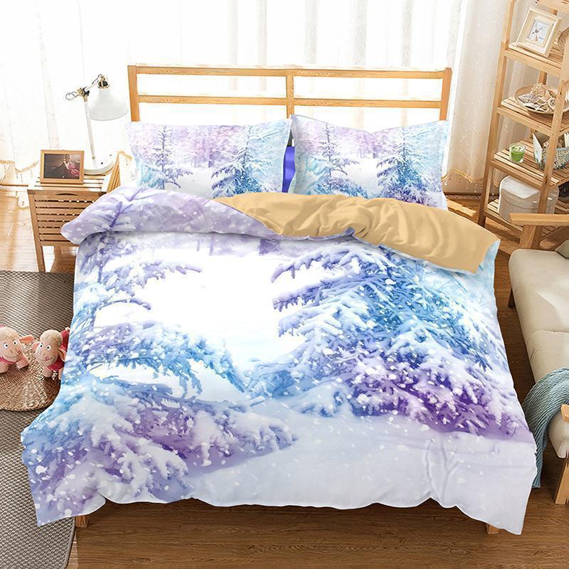 3D Natural Scenery Snow Scene Queen Size Pink Bule Duvet Cover Bedding Set