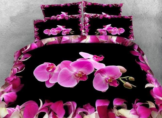 3D Pink Phalaenopsis Printed Cotton Luxury 4-Piece Blacks Duvet Cover Bedding Set