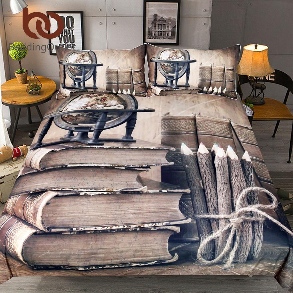 3D Printed Books Globe And Pens Et Vintage Brown 3D Customized Duvet Cover Bedding Set
