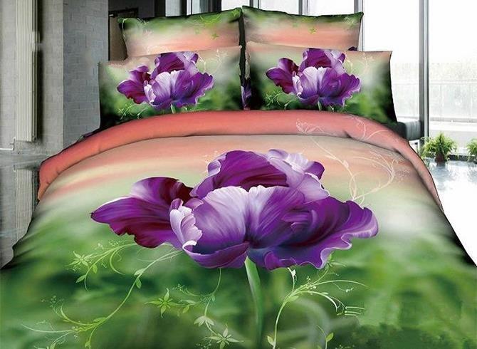 3D Purple Pansy Printed Cotton Luxury 4-Piece Gradient Duvet Cover Bedding Set