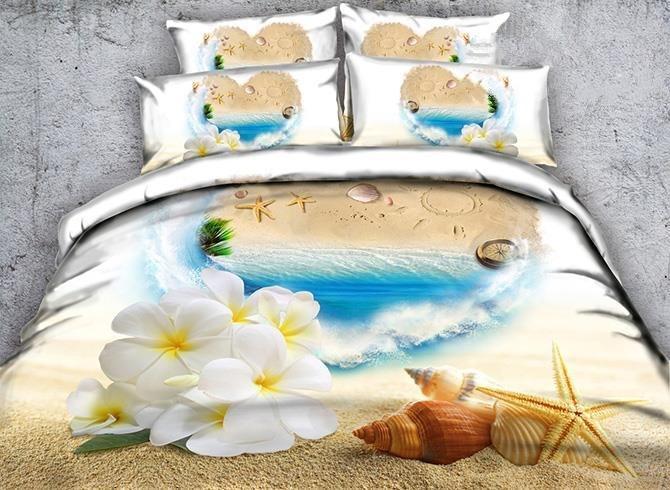 3D Starfish And White Flowers Printed Cotton Luxury 4-Pieces Duvet Cover Bedding Set