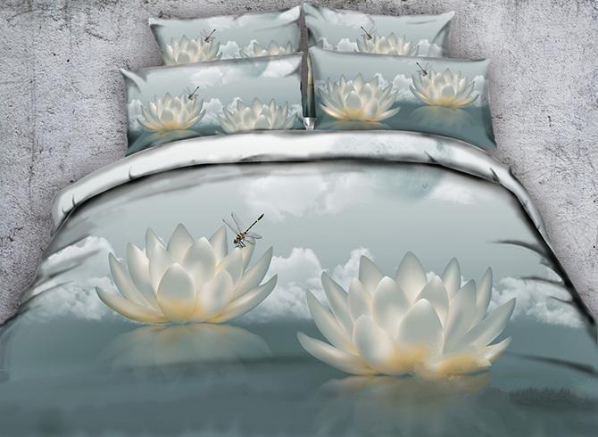3D White Lotus And Dragonfly Printed Cotton Luxury 4-Pieces Duvet Cover Bedding Set