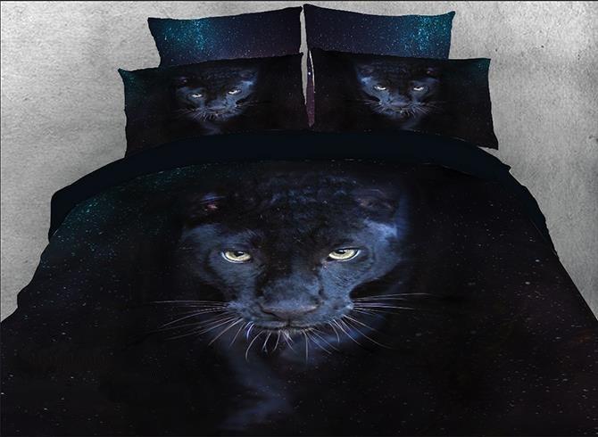3D Wild Panther Printed Cotton Luxury 4-Piece Blacks Duvet Cover Bedding Set
