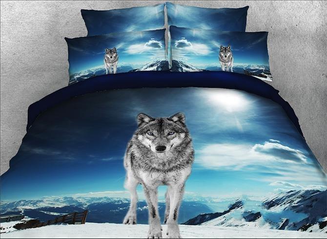 3D Wolf Under The Sky Printed Cotton Luxury 4-Pieces Duvet Cover Bedding Set