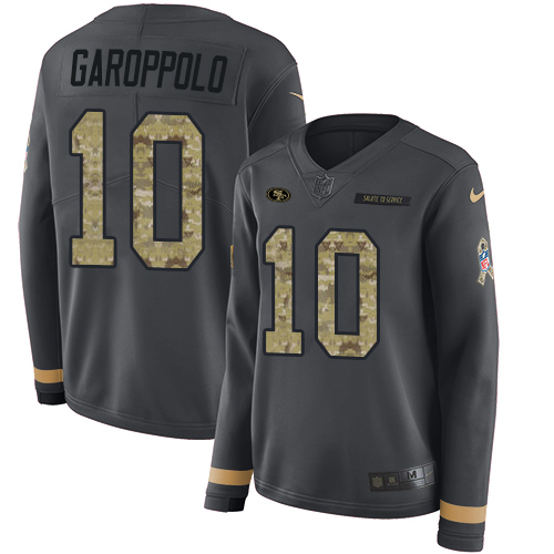 49ers #10 Jimmy Garoppolo Anthracite Salute To Service Women’s Stitched NFL Therma Long Sleeve Jersey