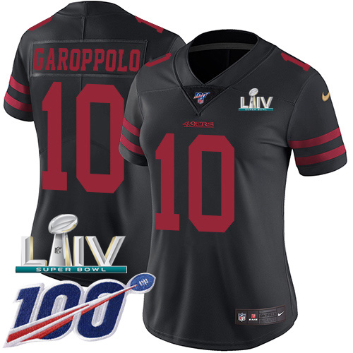 49ers #10 Jimmy Garoppolo Black Super Bowl LIV 2020 Alternate Women’s Stitched NFL 100th Season Vapor Jersey