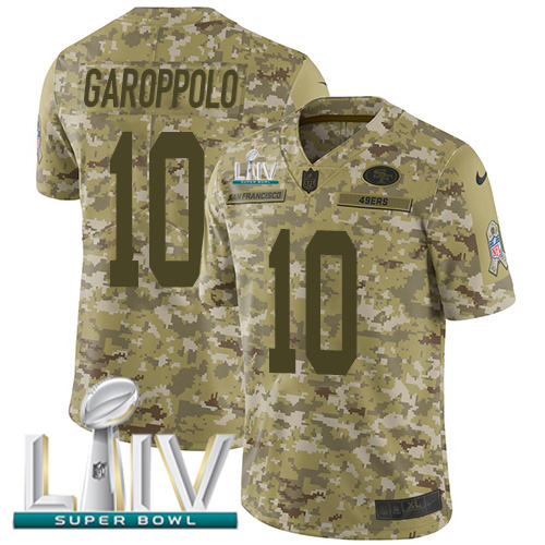 49ers #10 Jimmy Garoppolo Camo Super Bowl LIV 2020 Men’s Stitched NFL 2018 Salute To Service Jersey