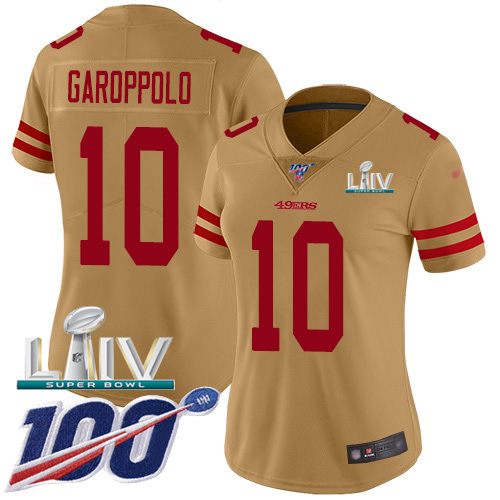 49ers #10 Jimmy Garoppolo Gold Super Bowl LIV 2020 Women’s Stitched NFL Inverted Legend 100th Season Jersey
