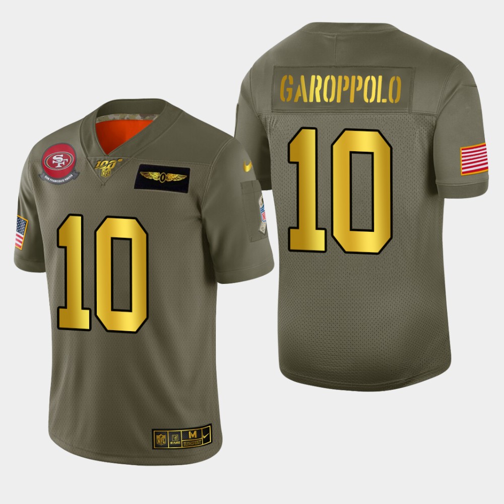 49ers #10 Jimmy Garoppolo Men’s Olive Gold 2019 Salute To Service NFL 100 Jersey