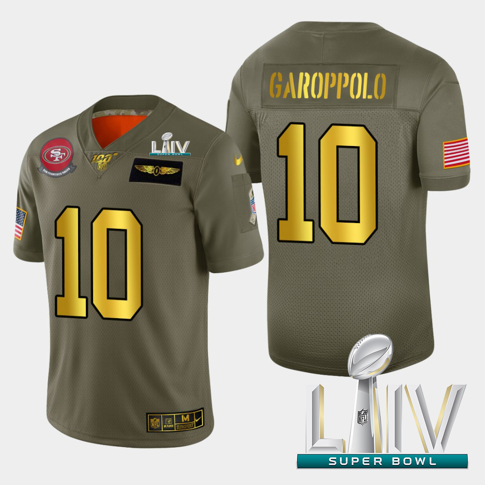 49ers #10 Jimmy Garoppolo Men’s Olive Gold Super Bowl LIV 2020 2019 Salute To Service NFL 100 Jersey