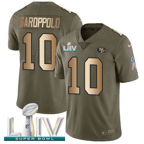 49ers #10 Jimmy Garoppolo Olive/Gold Super Bowl LIV 2020 Youth Stitched NFL 2017 Salute To Service Jersey