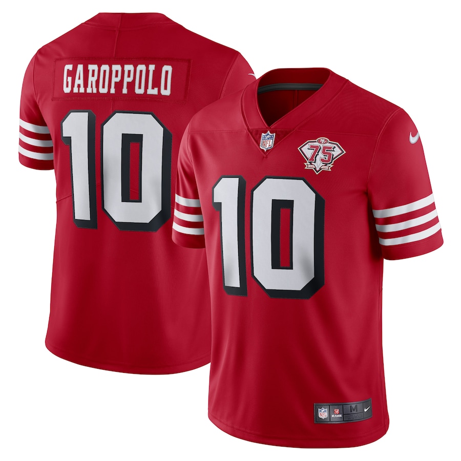 49ers #10 Jimmy Garoppolo Red Rush Youth 75th Anniversary Stitched NFL Vapor Untouchable Jersey