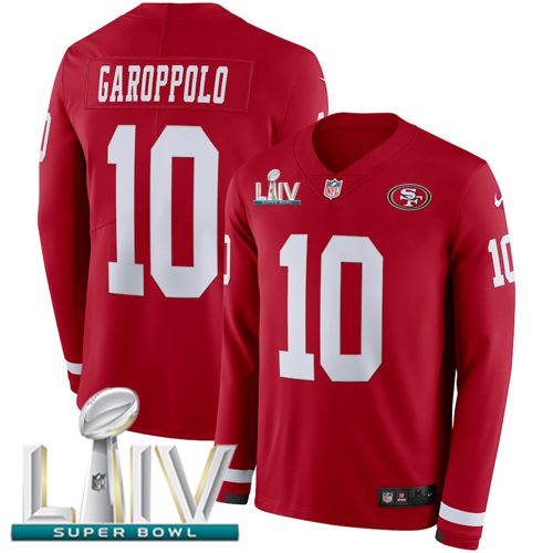 49ers #10 Jimmy Garoppolo Red Super Bowl LIV 2020 Team Color Youth Stitched NFL Therma Long Sleeve Jersey