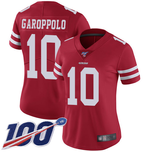 49ers #10 Jimmy Garoppolo Red Team Color Women’s Stitched NFL 100th Season Vapor Jersey