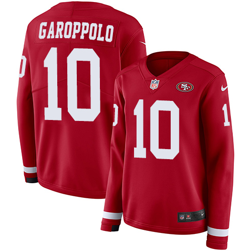 49ers #10 Jimmy Garoppolo Red Team Color Women’s Stitched NFL Therma Long Sleeve Jersey