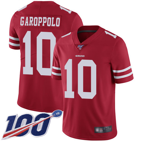 49ers #10 Jimmy Garoppolo Red Team Color Youth Stitched NFL 100th Season Vapor Jersey
