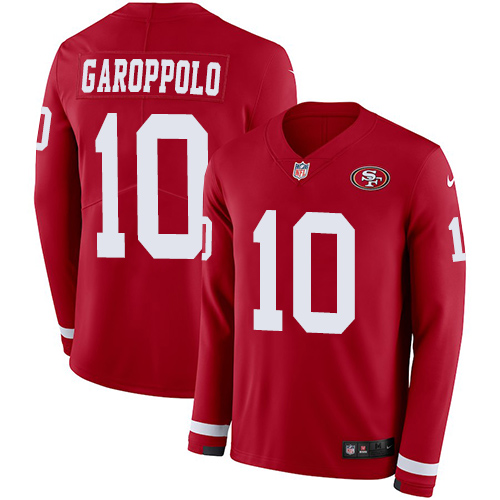49ers #10 Jimmy Garoppolo Red Team Color Youth Stitched NFL Therma Long Sleeve Jersey