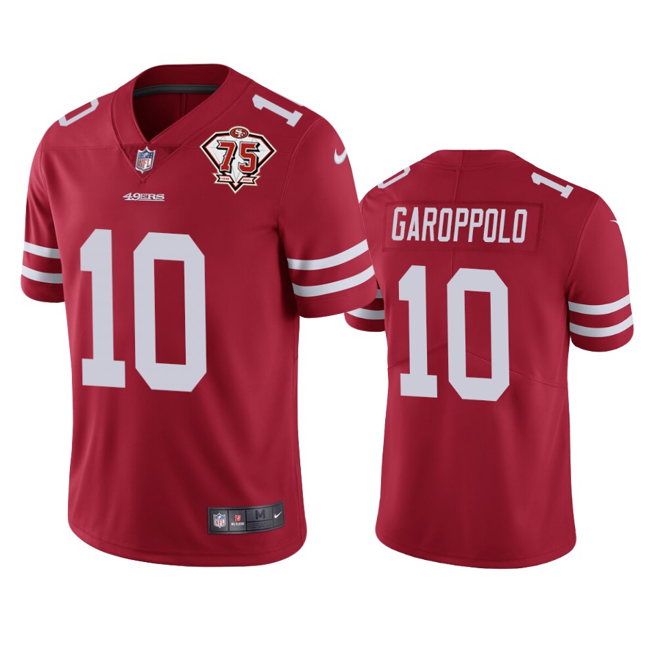 49ers #10 Jimmy Garoppolo Red Youth 75th Anniversary Stitched NFL Vapor Untouchable Jersey