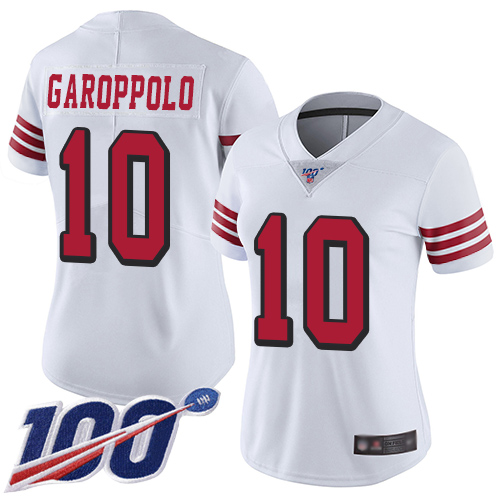 49ers #10 Jimmy Garoppolo White Rush Women’s Stitched NFL 100th Season Jersey