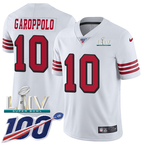 49ers #10 Jimmy Garoppolo White Super Bowl LIV 2020 Rush Men’s Stitched NFL 100th Season Jersey