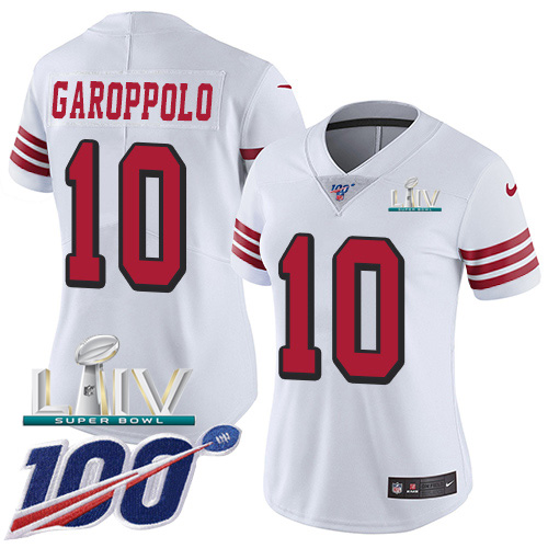 49ers #10 Jimmy Garoppolo White Super Bowl LIV 2020 Rush Women’s Stitched NFL 100th Season Jersey
