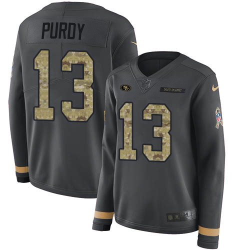 49ers #13 Brock Purdy Anthracite Salute To Service Women’s Stitched NFL Therma Long Sleeve Jersey