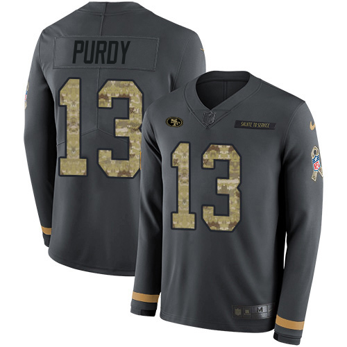 49ers #13 Brock Purdy Anthracite Salute To Service Youth Stitched NFL Therma Long Sleeve Jersey