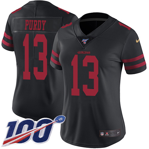 49ers #13 Brock Purdy Black Alternate Women’s Stitched NFL 100th Season Vapor Jersey