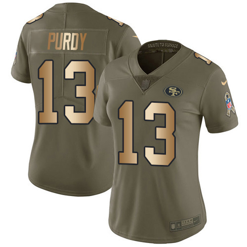 49ers #13 Brock Purdy Olive/Gold Women’s Stitched NFL 2017 Salute To Service Jersey