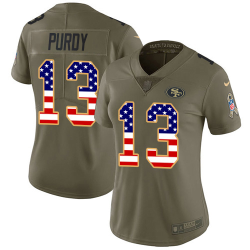 49ers #13 Brock Purdy Olive/USA Flag Women’s Stitched NFL 2017 Salute To Service Jersey